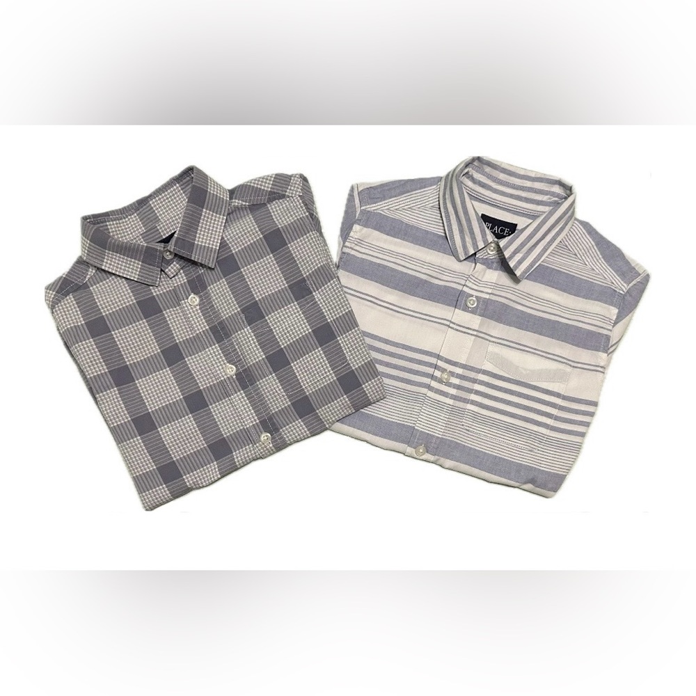 PLACE 2ct Gray and White Plaid & Stripe Shirts (Boys M 7/8)